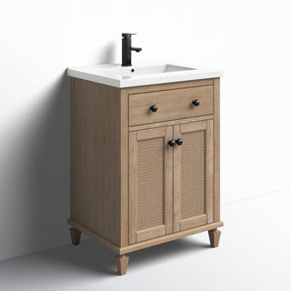Single Bathroom Vanity, 24 in Wide, White Porcelain Top with Weathered Fir Base