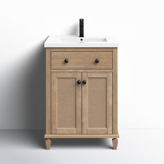 Single Bathroom Vanity, 24 in Wide, White Porcelain Top with Weathered Fir Base