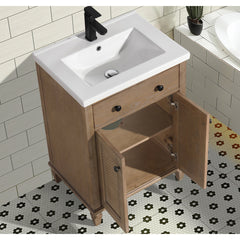 Single Bathroom Vanity, 24 in Wide, White Porcelain Top with Weathered Fir Base