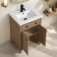 Single Bathroom Vanity, 24 in Wide, White Porcelain Top with Weathered Fir Base