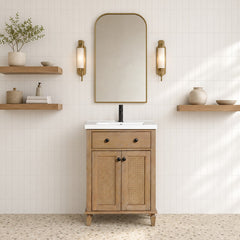 Single Bathroom Vanity, 24 in Wide, White Porcelain Top with Weathered Fir Base
