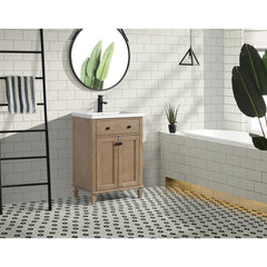 Single Bathroom Vanity, 24 in Wide, White Porcelain Top with Weathered Fir Base