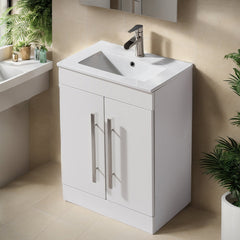 Single Bathroom Vanity, 24 Inch Freestanding, White with Integrated Ceramic Sink