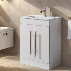 Single Bathroom Vanity, 24 Inch Freestanding, White with Integrated Ceramic Sink