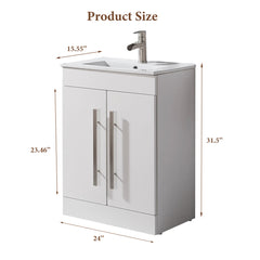 Single Bathroom Vanity, 24 Inch Freestanding, White with Integrated Ceramic Sink