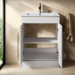 Single Bathroom Vanity, 24 Inch Freestanding, White with Integrated Ceramic Sink