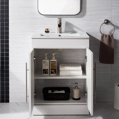 Single Bathroom Vanity, 24 Inch Freestanding, White with Integrated Ceramic Sink