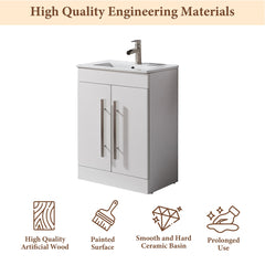 Single Bathroom Vanity, 24 Inch Freestanding, White with Integrated Ceramic Sink