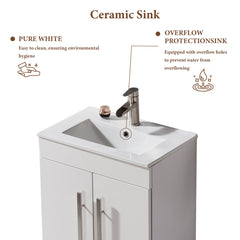 Single Bathroom Vanity, 24 Inch Freestanding, White with Integrated Ceramic Sink