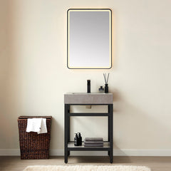 Single Bathroom Vanity, 24 Inch, Stone Top, Stainless Steel Base, Matte Black
