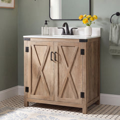 Single Bathroom Vanity, 30 In Engineered Marble Top with Natural Oak Base
