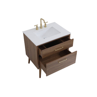 Single Bathroom Vanity, 30 In, Walnut Brown Base with Engineered Marble Top