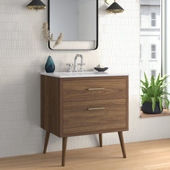 Single Bathroom Vanity, 30 In, Walnut Brown Base with Engineered Marble Top