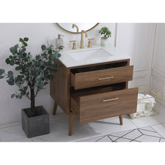 Single Bathroom Vanity, 30 In, Walnut Brown Base with Engineered Marble Top