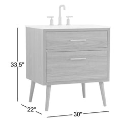 Single Bathroom Vanity, 30 In, Walnut Brown Base with Engineered Marble Top
