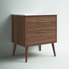Single Bathroom Vanity, 30 In, Walnut Brown Base with Engineered Marble Top