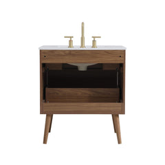 Single Bathroom Vanity, 30 In, Walnut Brown Base with Engineered Marble Top