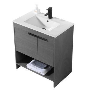 Single Bathroom Vanity, 30 In Wide, Classic Gray Plywood with White Ceramic Sink