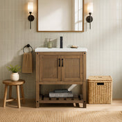 Single Bathroom Vanity, 30 Inch, Antique Natural Wood Base with Soft-Close Doors