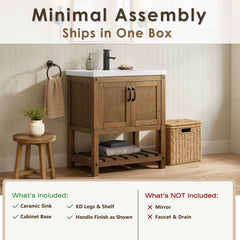 Single Bathroom Vanity, 30 Inch, Antique Natural Wood Base with Soft-Close Doors