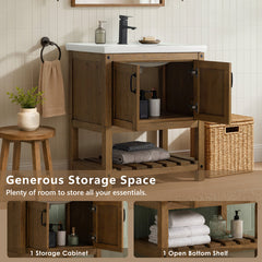 Single Bathroom Vanity, 30 Inch, Antique Natural Wood Base with Soft-Close Doors