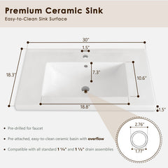 Single Bathroom Vanity, 30 Inch, Antique Natural Wood Base with Soft-Close Doors