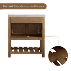 Single Bathroom Vanity, 30 Inch, Antique Natural Wood Base with Soft-Close Doors