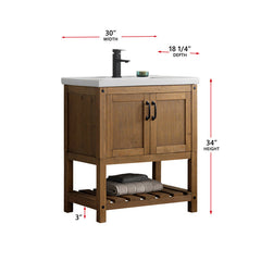 Single Bathroom Vanity, 30 Inch, Antique Natural Wood Base with Soft-Close Doors