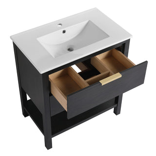 Single Bathroom Vanity, 30 Inch, Black Chestnut with Glossy White Ceramic Top
