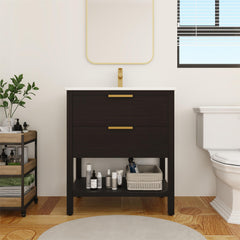 Single Bathroom Vanity, 30 Inch, Black Chestnut with Glossy White Ceramic Top