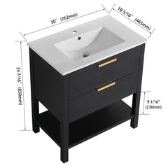 Single Bathroom Vanity, 30 Inch, Black Chestnut with Glossy White Ceramic Top