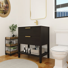 Single Bathroom Vanity, 30 Inch, Black Chestnut with Glossy White Ceramic Top