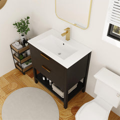 Single Bathroom Vanity, 30 Inch, Black Chestnut with Glossy White Ceramic Top