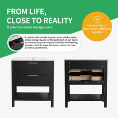 Single Bathroom Vanity, 30 Inch, Black Chestnut with Glossy White Ceramic Top