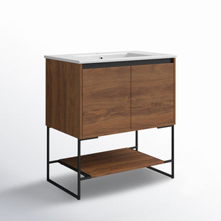 Single Bathroom Vanity, 30 Inch, Plywood Base with White Ceramic Top