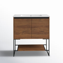 Single Bathroom Vanity, 30 Inch, Plywood Base with White Ceramic Top