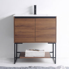 Single Bathroom Vanity, 30 Inch, Plywood Base with White Ceramic Top
