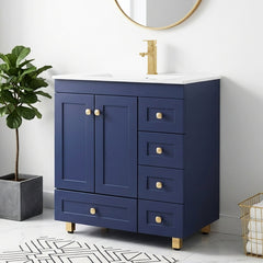 Single Bathroom Vanity, 30 Inch, White Ceramic Top with Gold Hardware
