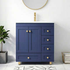 Single Bathroom Vanity, 30 Inch, White Ceramic Top with Gold Hardware