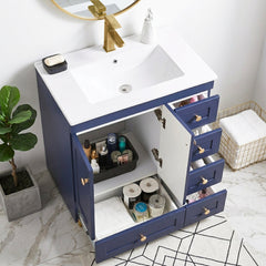 Single Bathroom Vanity, 30 Inch, White Ceramic Top with Gold Hardware