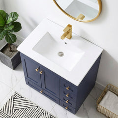 Single Bathroom Vanity, 30 Inch, White Ceramic Top with Gold Hardware