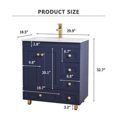 Single Bathroom Vanity, 30 Inch, White Ceramic Top with Gold Hardware