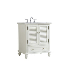 Single Bathroom Vanity, 30 Inch, White with Marble Top and Undermount Sink