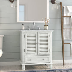 Single Bathroom Vanity, 30 Inch, White with Marble Top and Undermount Sink