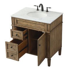 Single Bathroom Vanity, 32 Inch Marble Top with Porcelain Sink, Driftwood Base