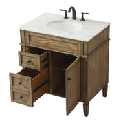 Single Bathroom Vanity, 32 Inch Marble Top with Porcelain Sink, Driftwood Base
