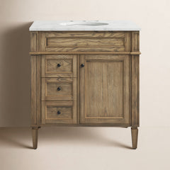 Single Bathroom Vanity, 32 Inch Marble Top with Porcelain Sink, Driftwood Base