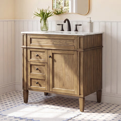 Single Bathroom Vanity, 32 Inch Marble Top with Porcelain Sink, Driftwood Base