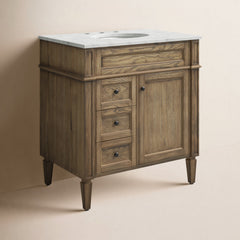 Single Bathroom Vanity, 32 Inch Marble Top with Porcelain Sink, Driftwood Base