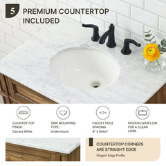 Single Bathroom Vanity, 32 Inch Marble Top with Porcelain Sink, Driftwood Base